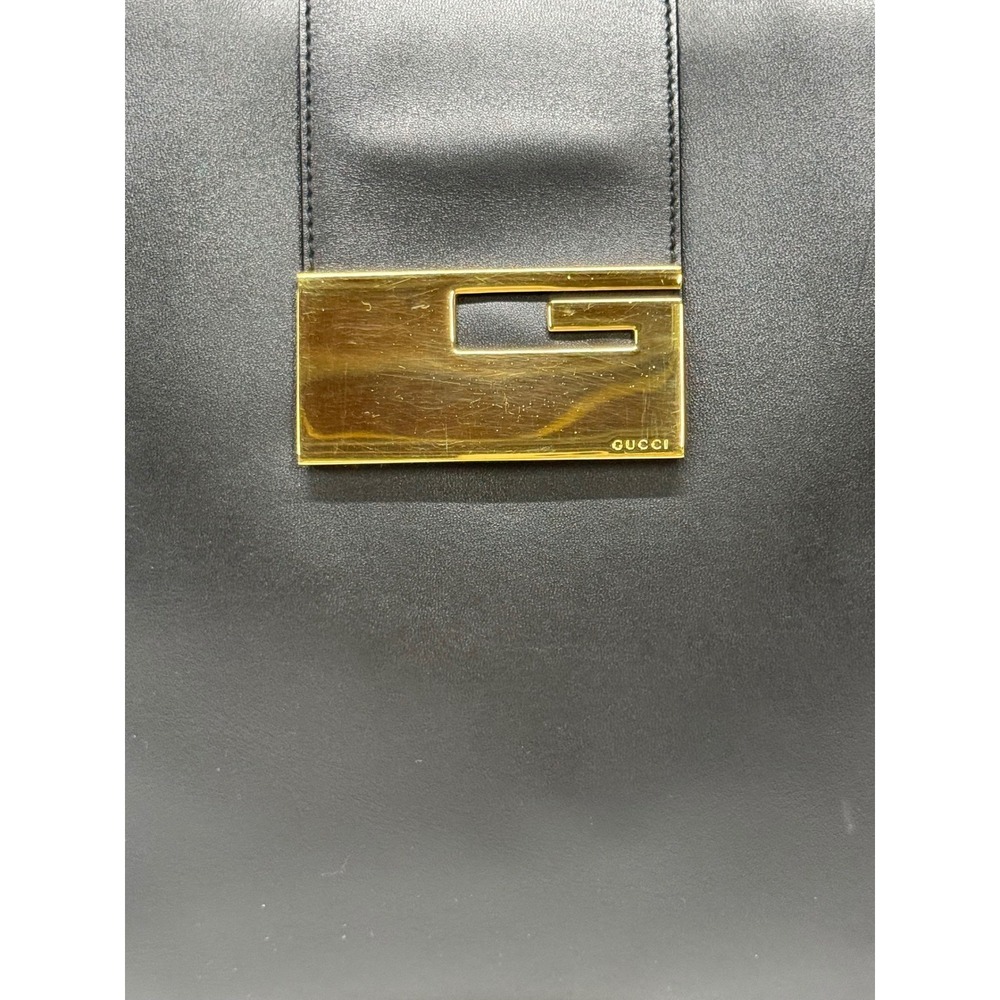Gucci Vintage Black Leather Tote Bag Gold G Logo Hardware Square Handbag - Picture 3 of 14